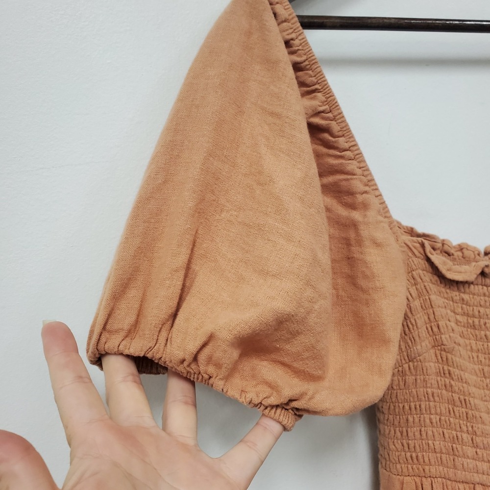Abercrombie & Fitch Linen Smocked Maxi Dress Orange Puff Sleeve Tiered Pockets S - Picture 2 of 14